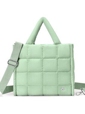 Women's Green Quilted Zipper Tote Bag Puffy Weekender Overnight Nylon Shoulder